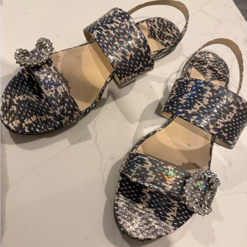 Jimmy Choo Navy and Silver Patterned Crystal Buckle Slingback Sandals